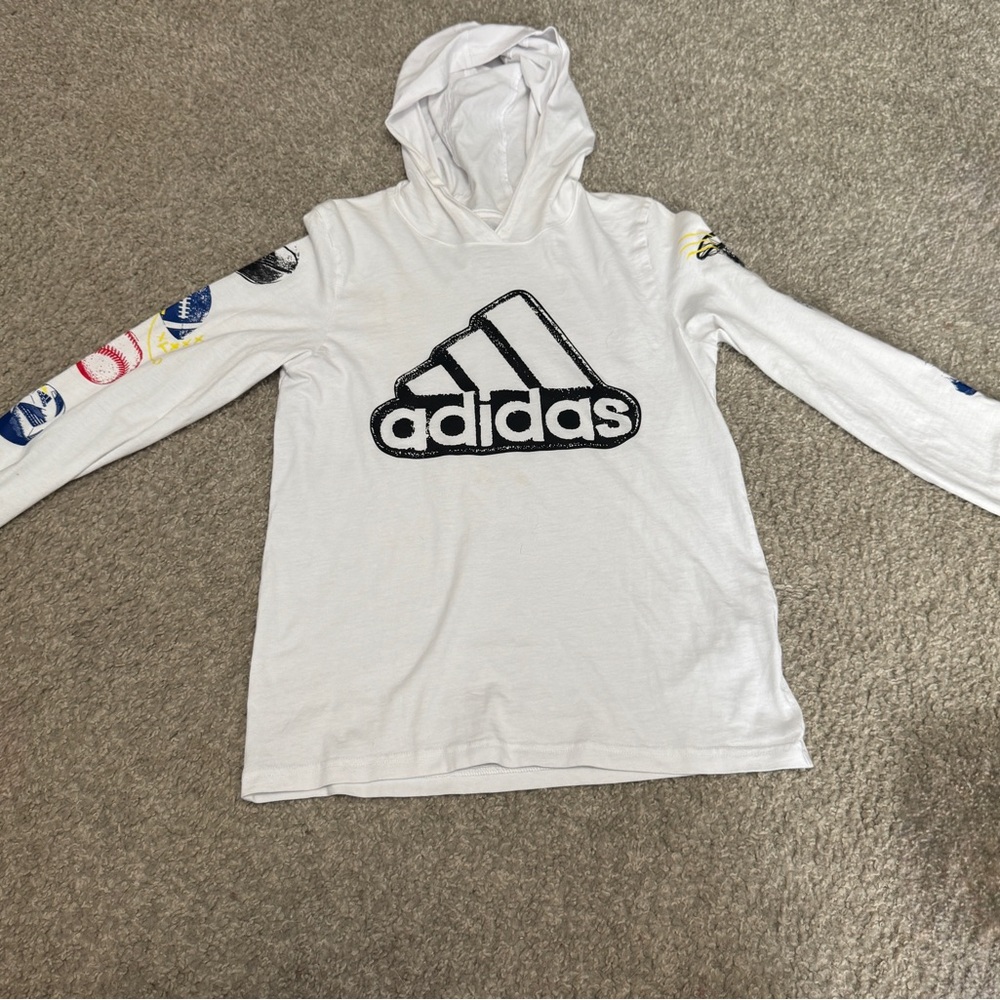 Adidas Kids White Long Sleeve Shirt with Logo and Sleeve Graphics